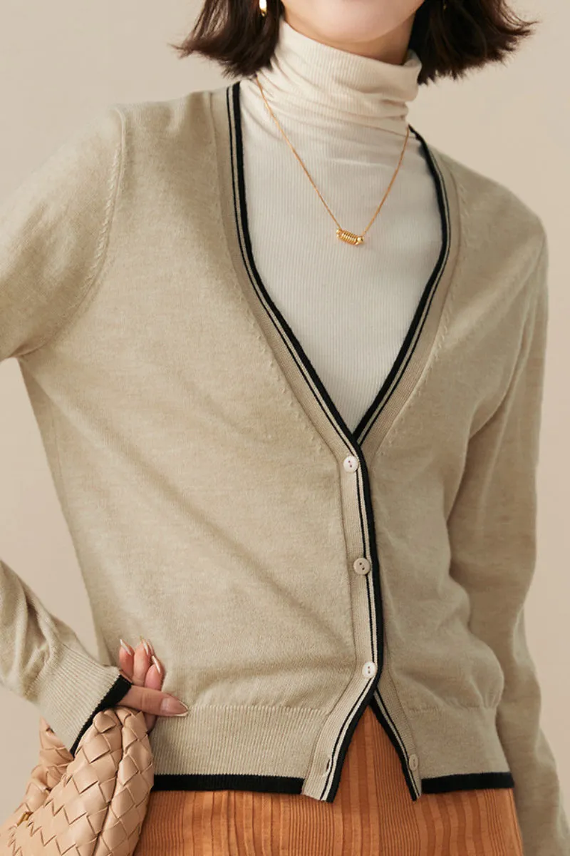Classic Fine Knit V-Neck Button-Up Wool Cardigan with Contrast Trim