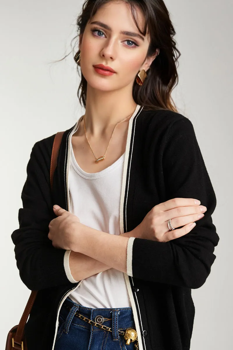 Classic Fine Knit V-Neck Button-Up Wool Cardigan with Contrast Trim