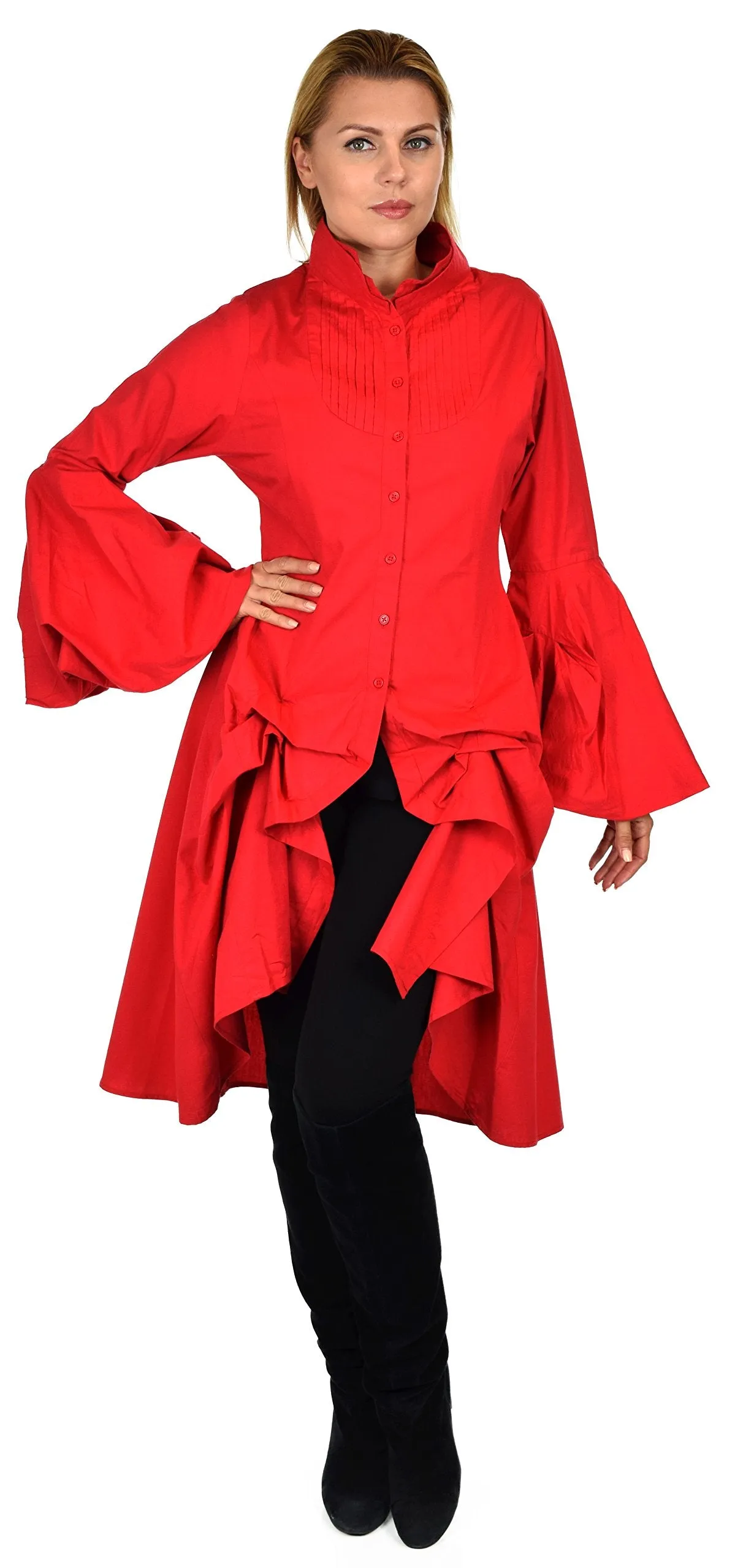 Dare2bStylish Women Western High Low Dress Shirt Blouse w/ Edwardian Sleeves | Reg & Plus Sizes