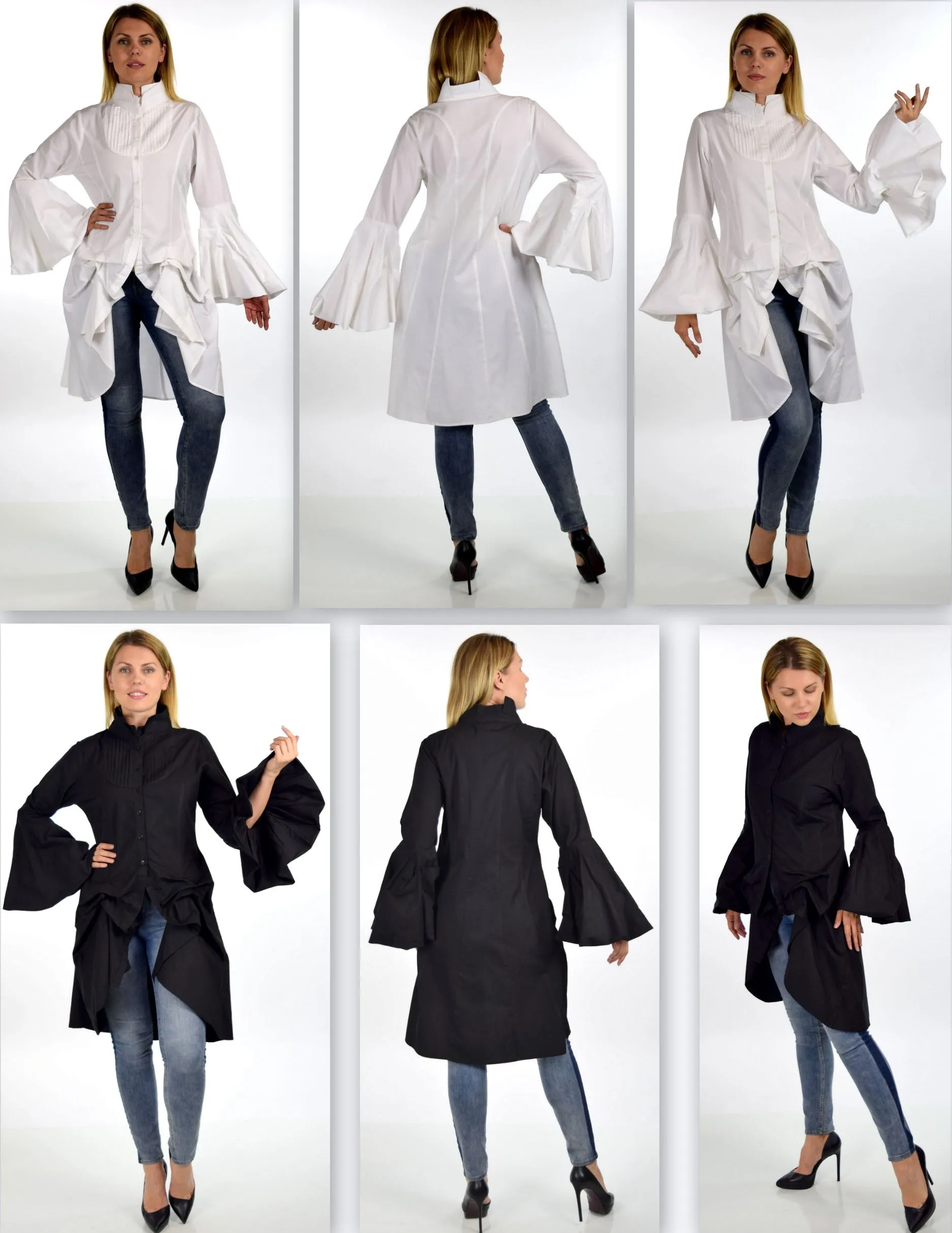 Dare2bStylish Women Western High Low Dress Shirt Blouse w/ Edwardian Sleeves | Reg & Plus Sizes