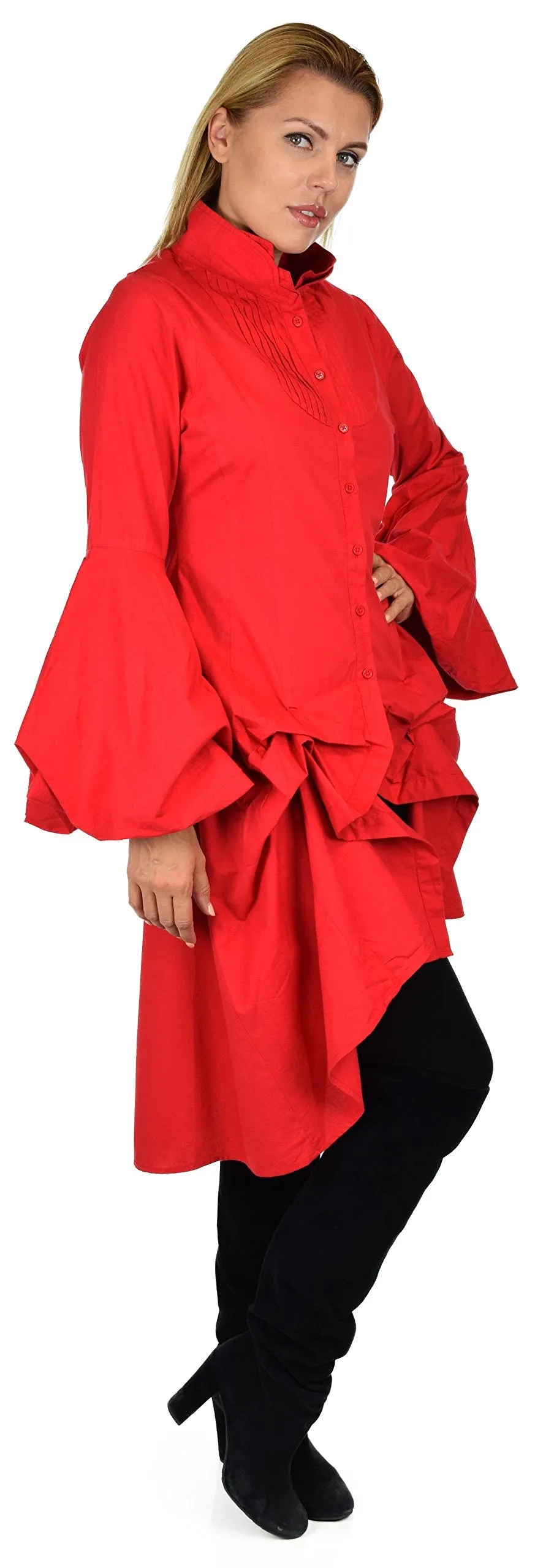 Dare2bStylish Women Western High Low Dress Shirt Blouse w/ Edwardian Sleeves | Reg & Plus Sizes
