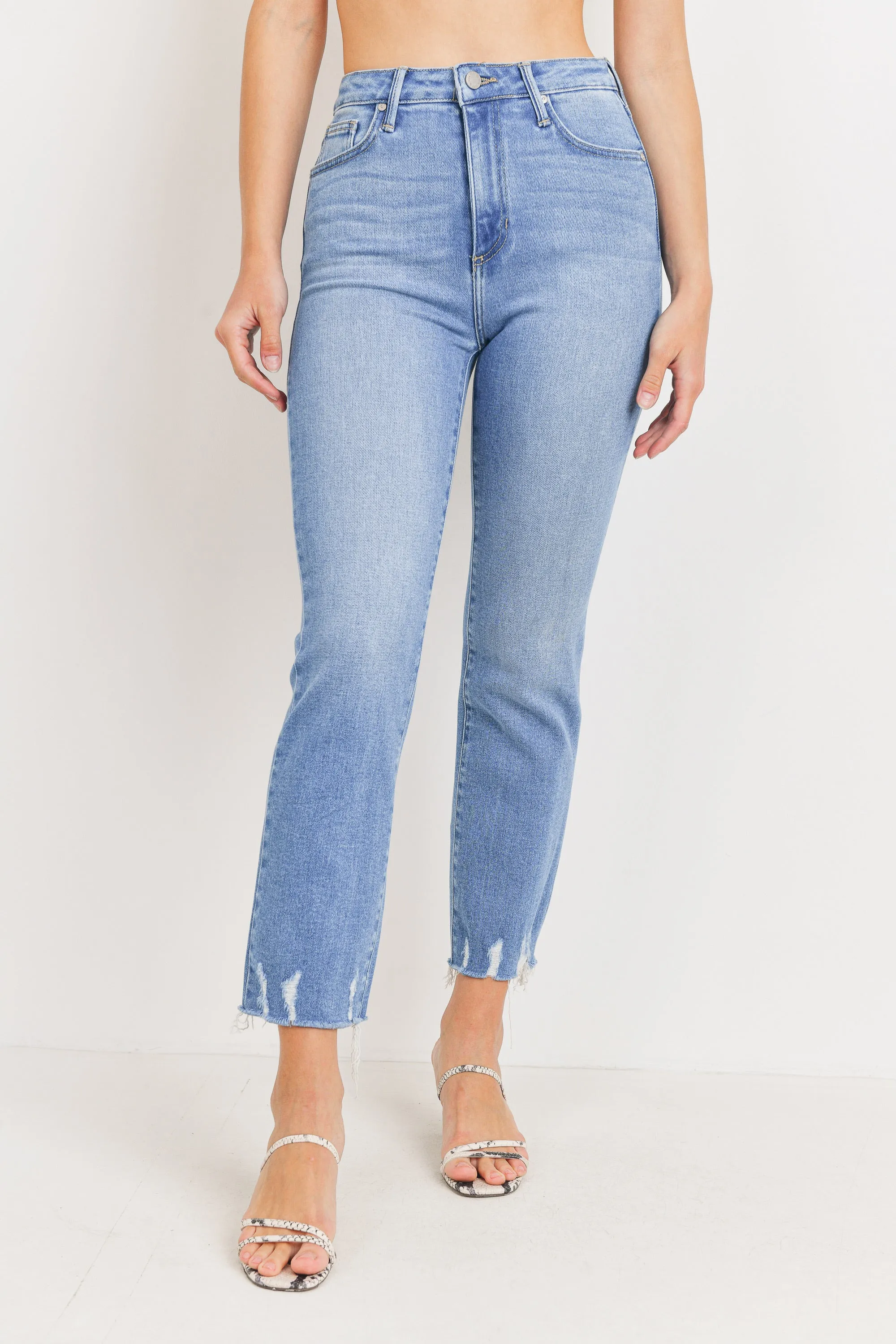 Denim High Waist Distress Hem Straight Leg Jeans