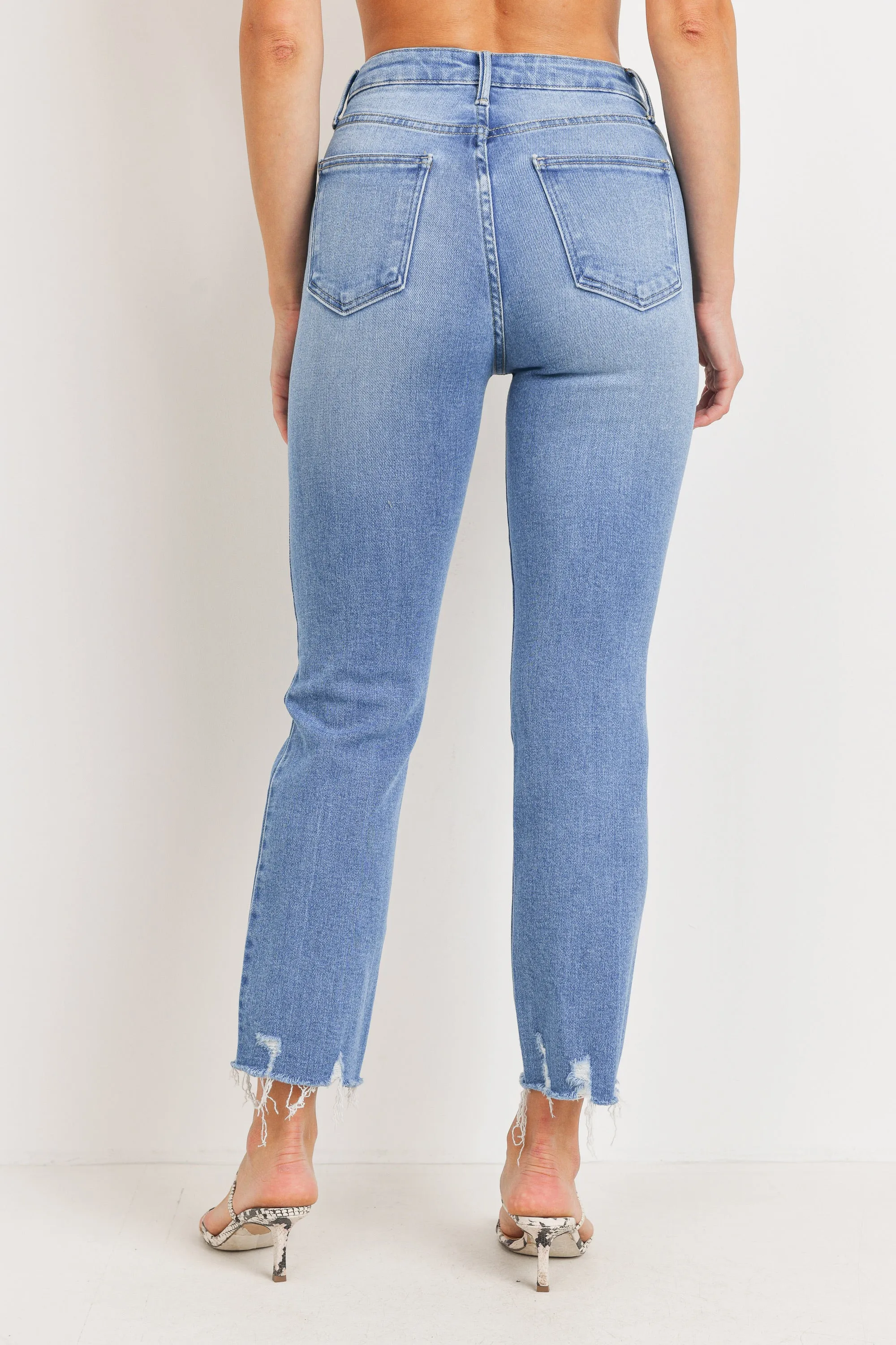 Denim High Waist Distress Hem Straight Leg Jeans