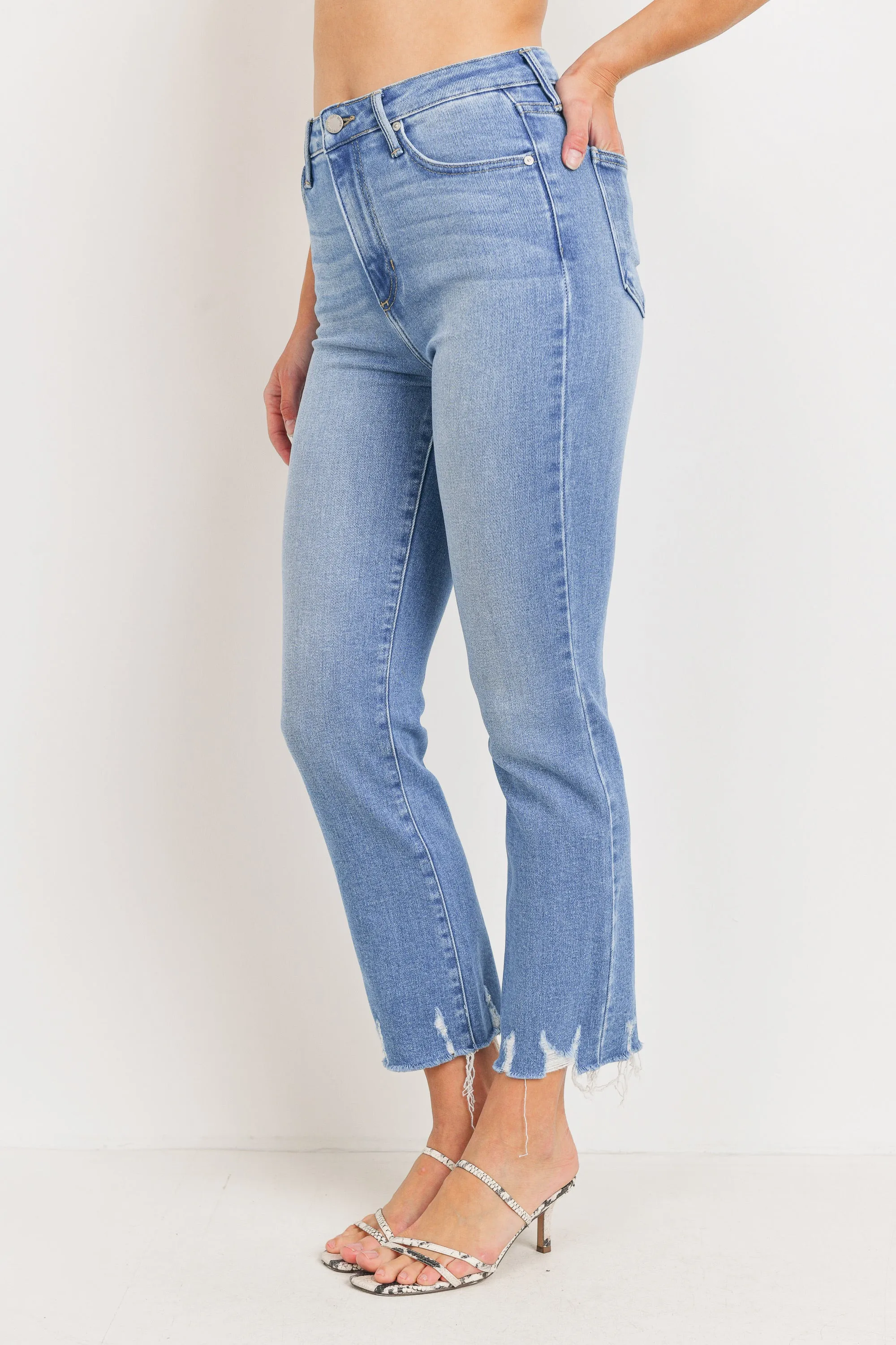 Denim High Waist Distress Hem Straight Leg Jeans