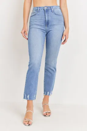 Denim High Waist Distress Hem Straight Leg Jeans