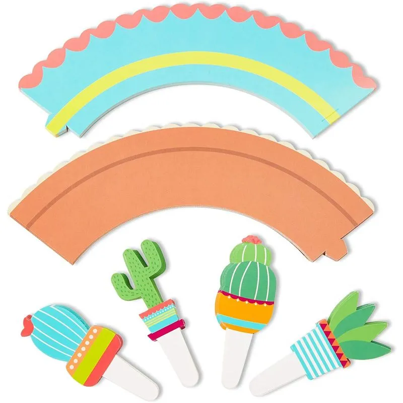 Double Sided Cactus Cupcake Wrapper and Toppers for 50 Fiesta Cupcakes