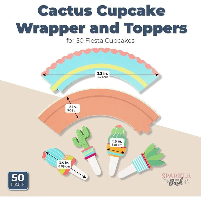 Double Sided Cactus Cupcake Wrapper and Toppers for 50 Fiesta Cupcakes