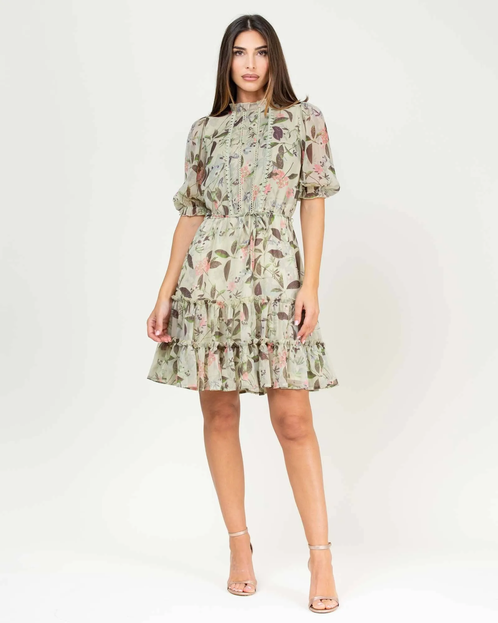 Dress With Floral Print and High Neck