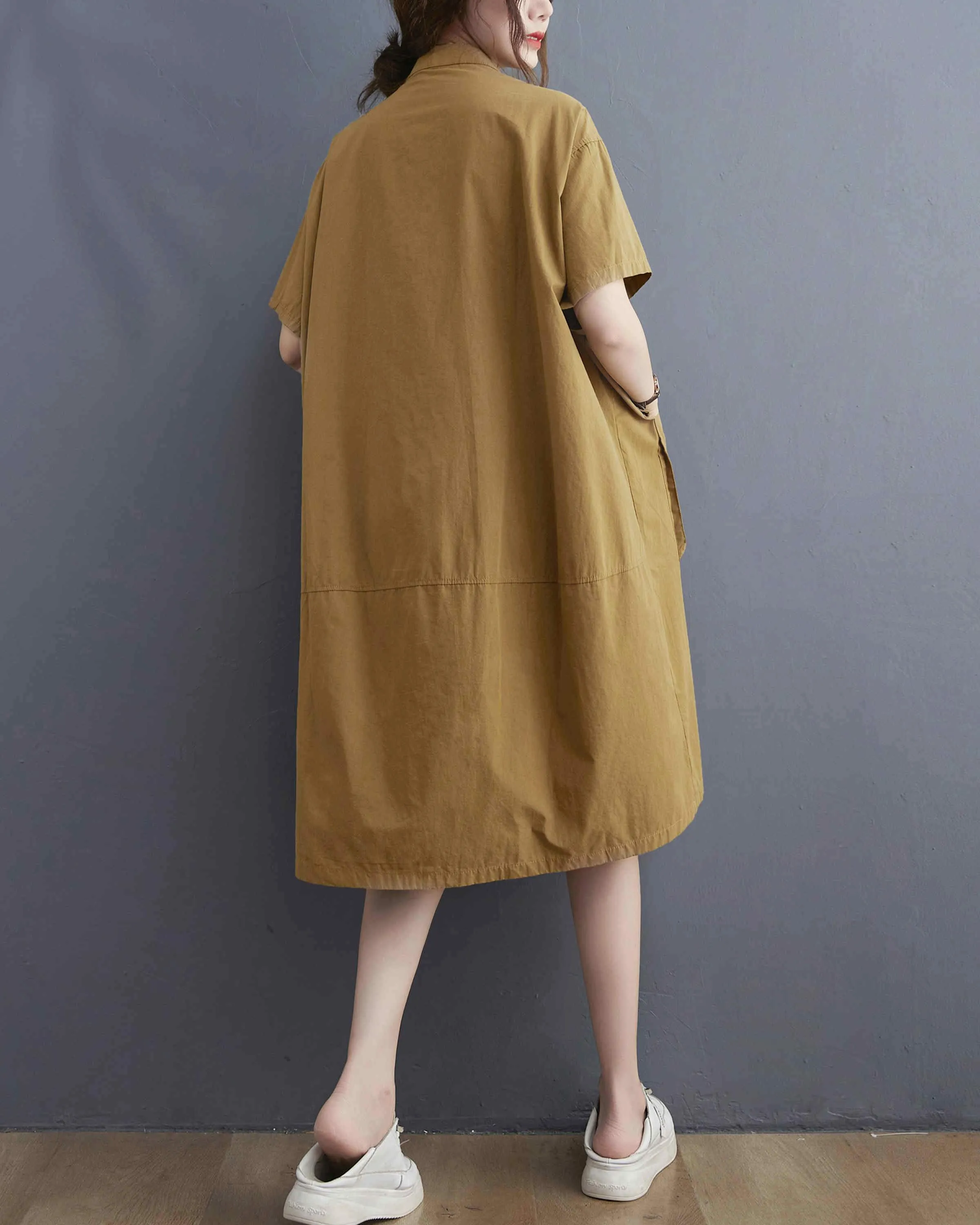ellazhu Women Loose Midi Solid Short Sleeves Shirt Dress GA2401