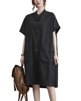 ellazhu Women Loose Midi Solid Short Sleeves Shirt Dress GA2401