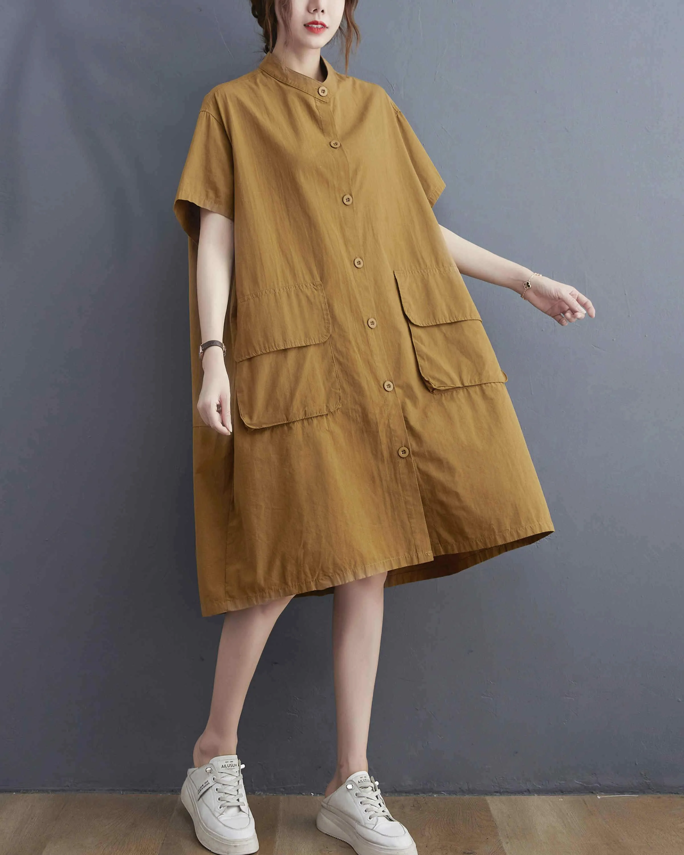 ellazhu Women Loose Midi Solid Short Sleeves Shirt Dress GA2401