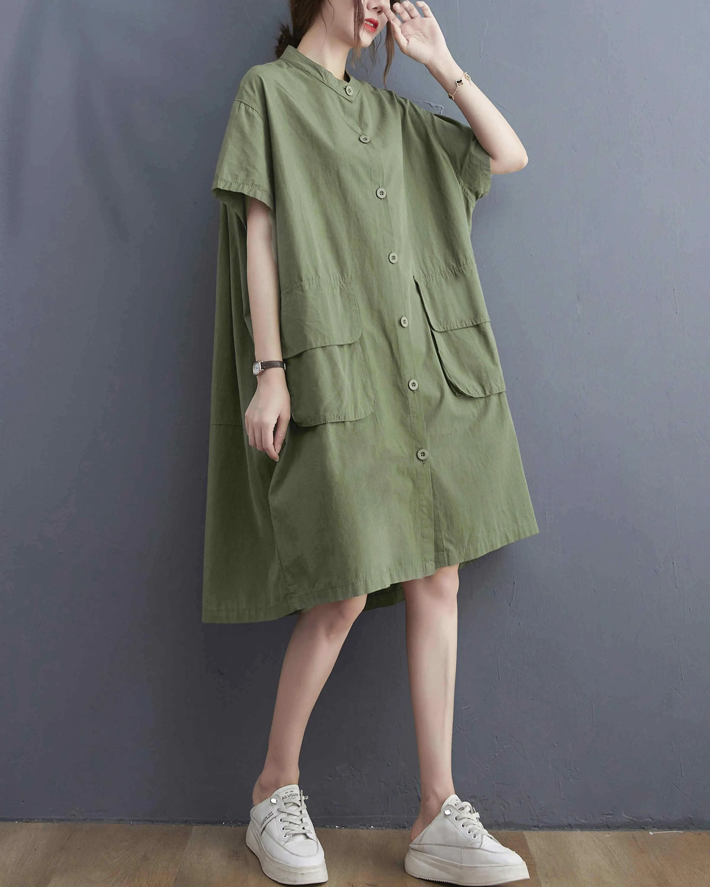 ellazhu Women Loose Midi Solid Short Sleeves Shirt Dress GA2401
