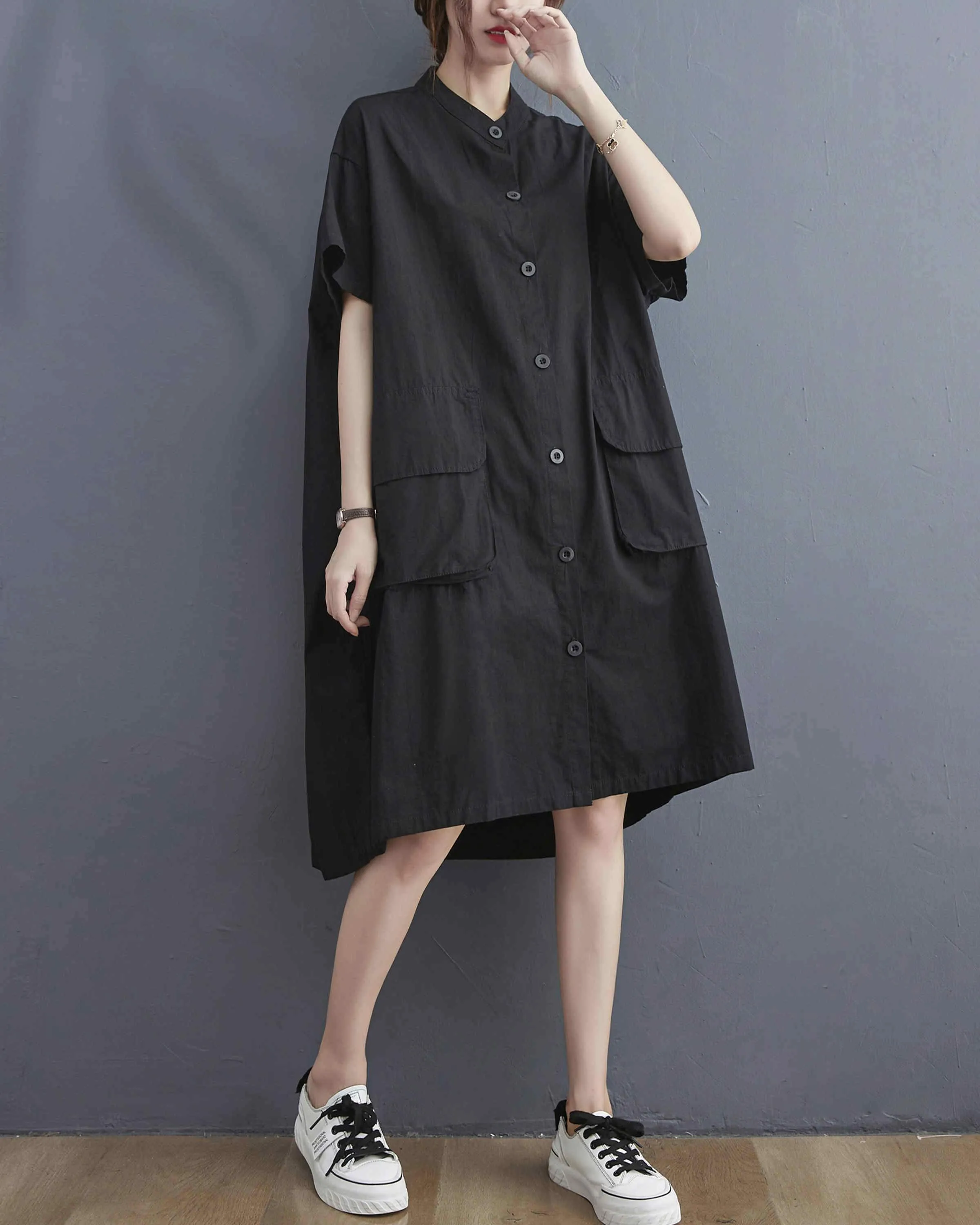 ellazhu Women Loose Midi Solid Short Sleeves Shirt Dress GA2401