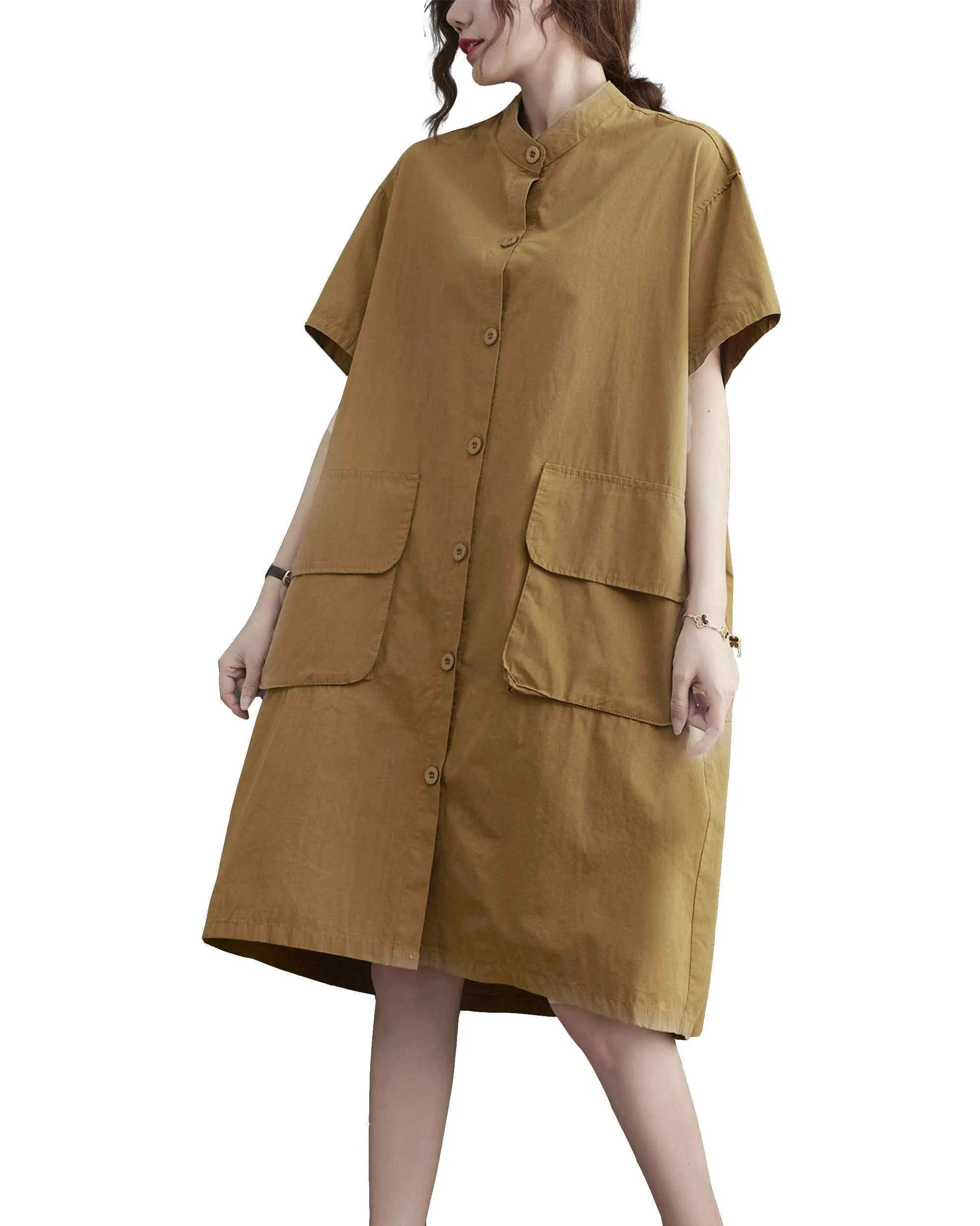 ellazhu Women Loose Midi Solid Short Sleeves Shirt Dress GA2401