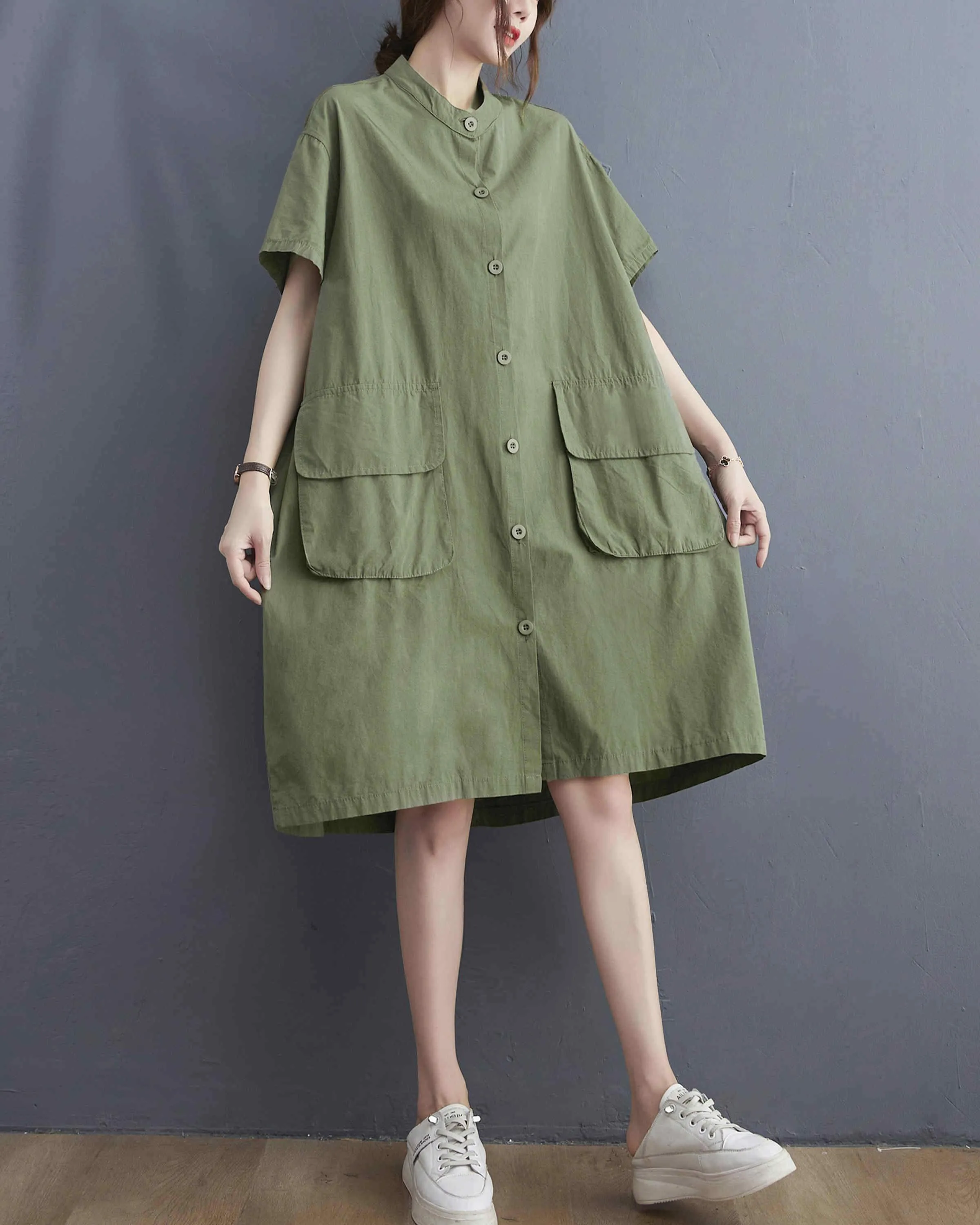 ellazhu Women Loose Midi Solid Short Sleeves Shirt Dress GA2401
