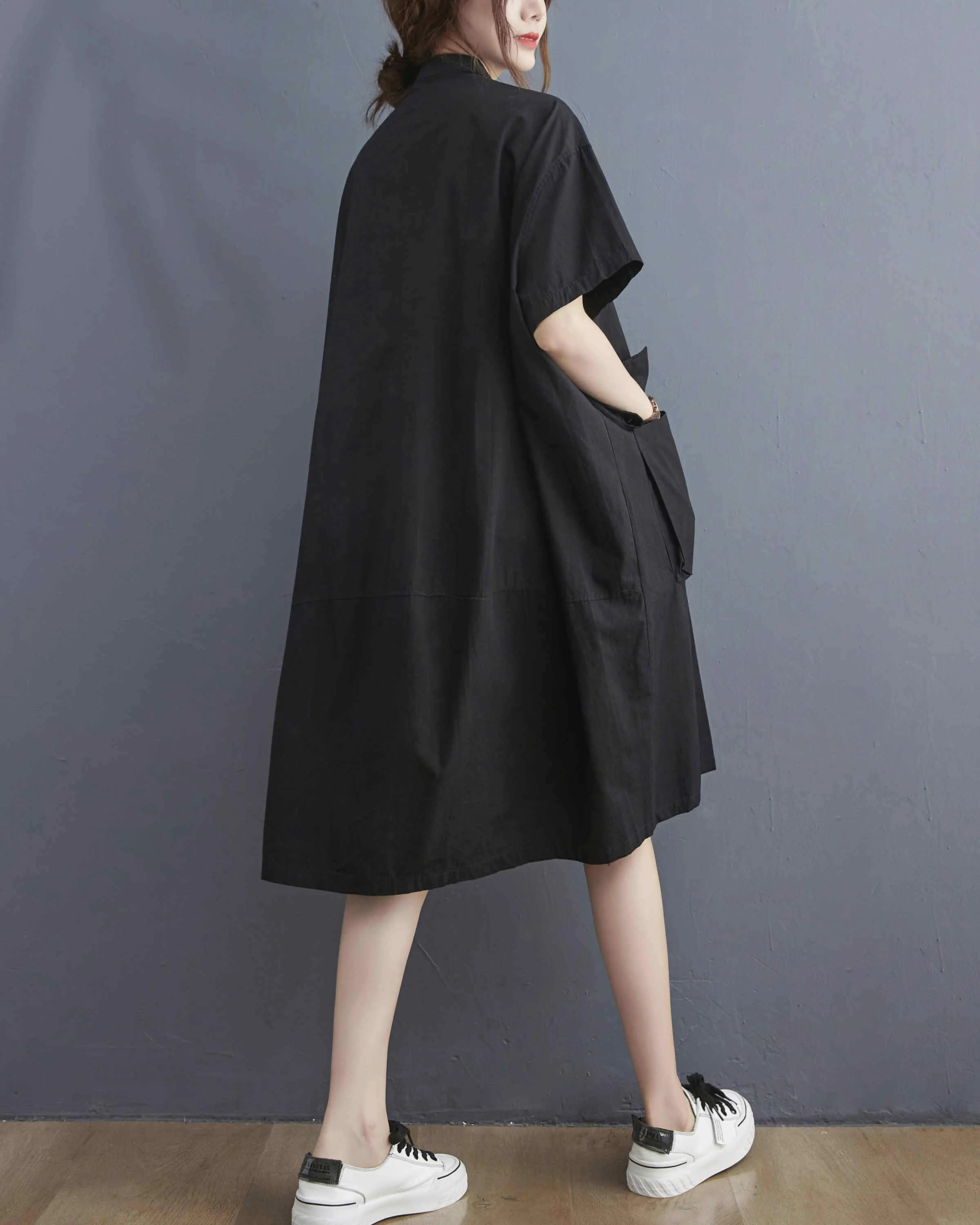 ellazhu Women Loose Midi Solid Short Sleeves Shirt Dress GA2401