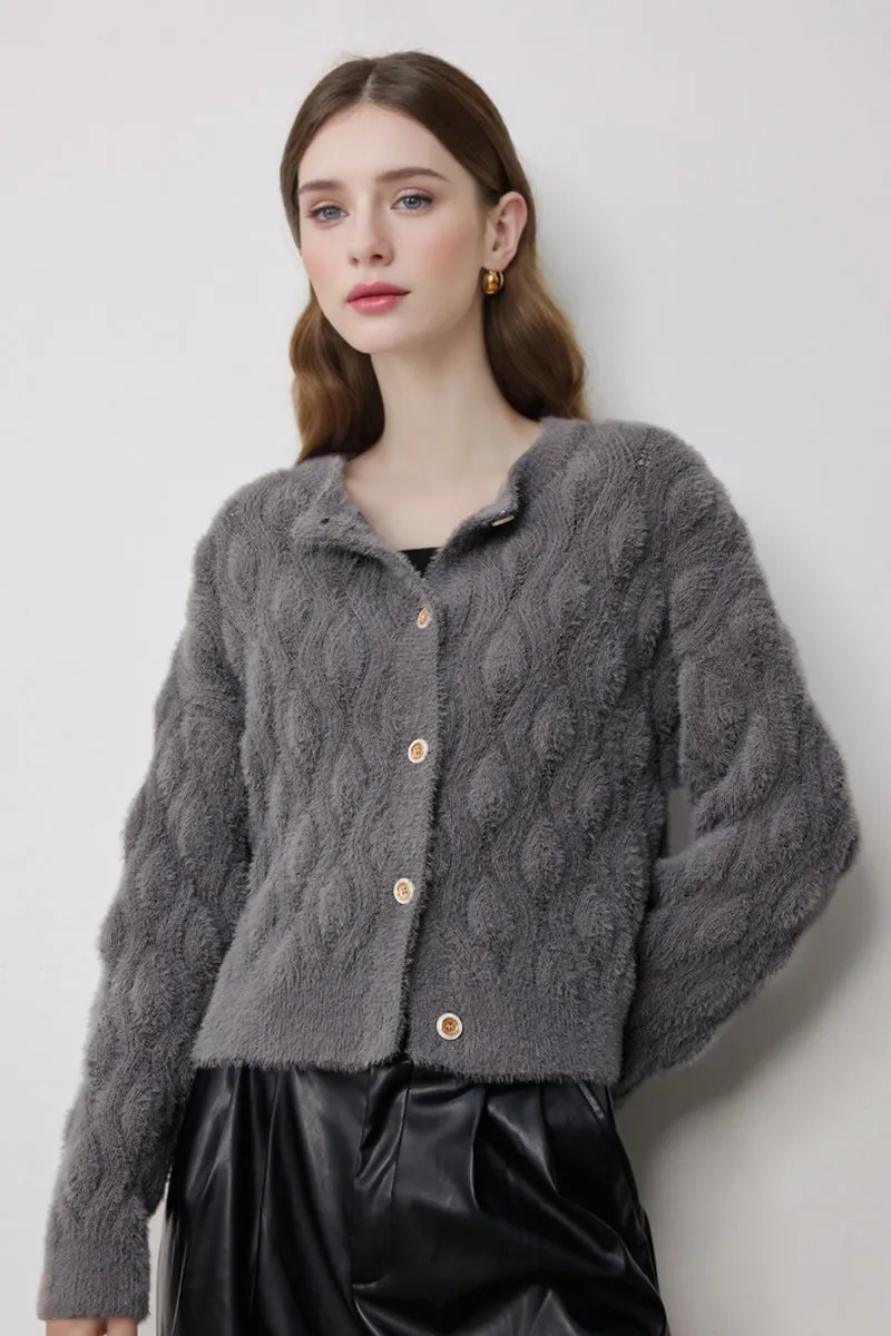 Faux Mink Fur Cropped Cable Knit Crewneck Cardigan