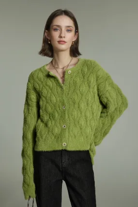 Faux Mink Fur Cropped Cable Knit Crewneck Cardigan