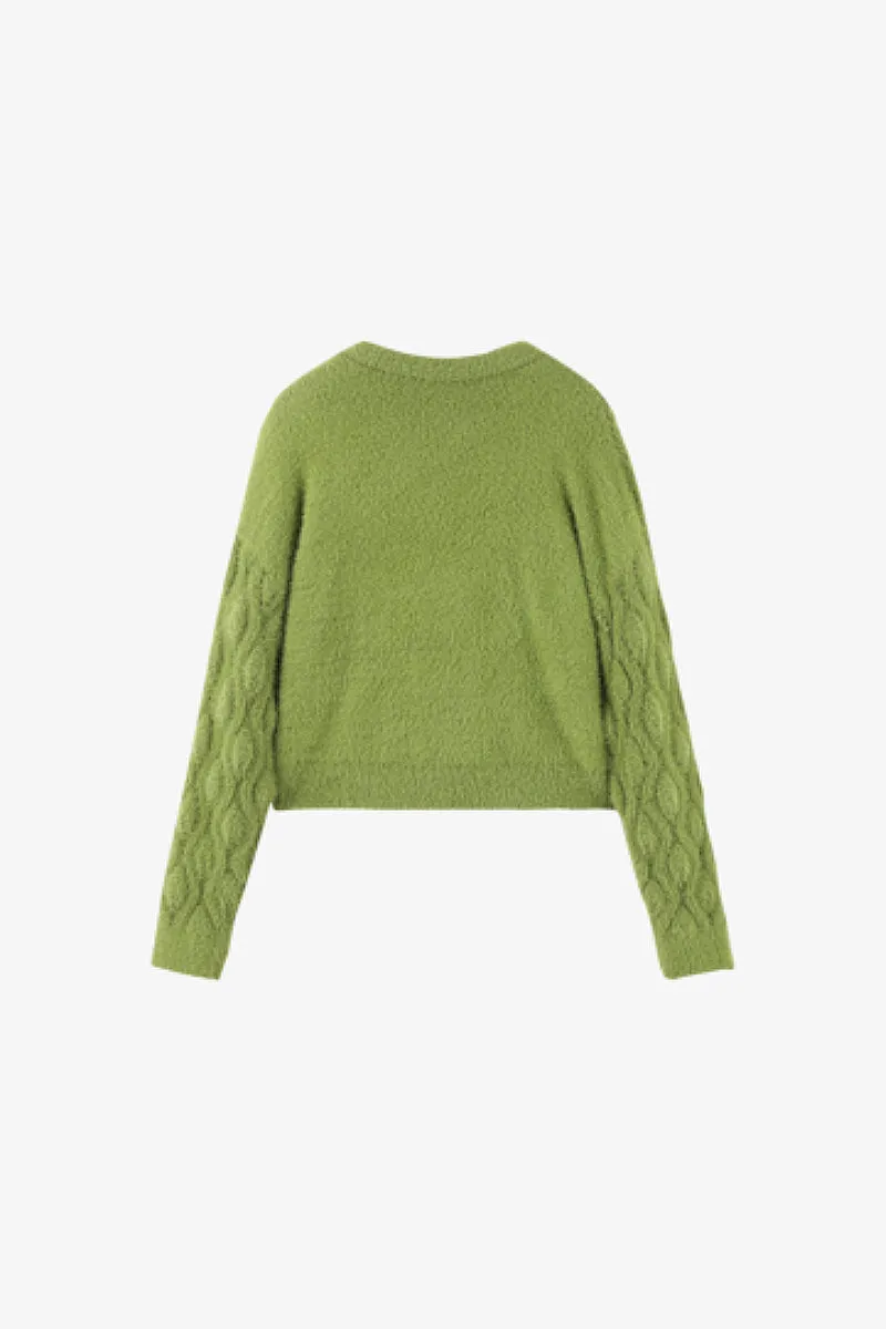 Faux Mink Fur Cropped Cable Knit Crewneck Cardigan
