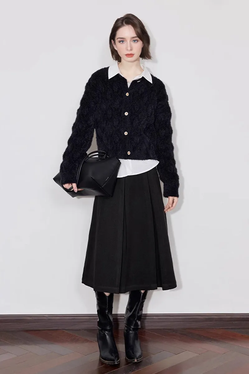 Faux Mink Fur Cropped Cable Knit Crewneck Cardigan