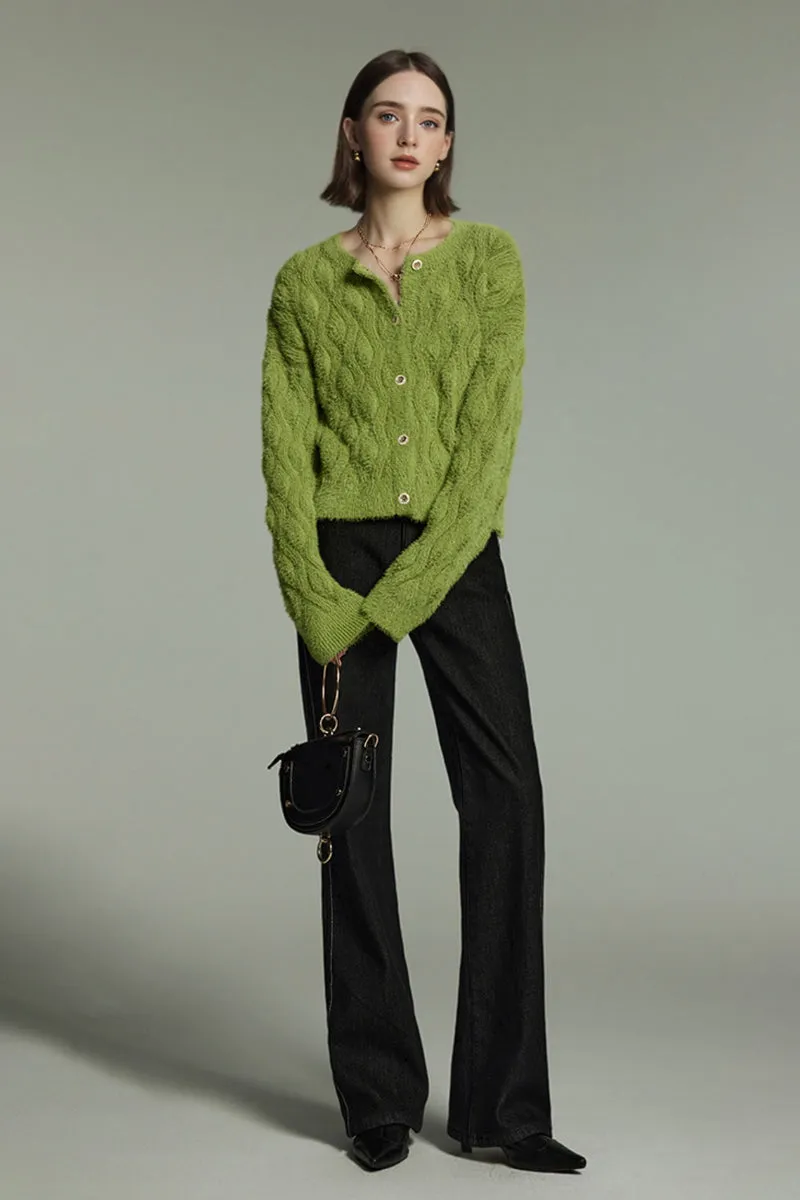 Faux Mink Fur Cropped Cable Knit Crewneck Cardigan