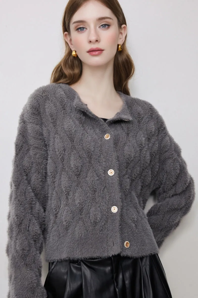 Faux Mink Fur Cropped Cable Knit Crewneck Cardigan