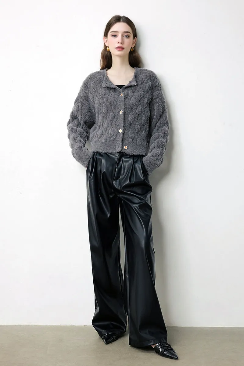 Faux Mink Fur Cropped Cable Knit Crewneck Cardigan