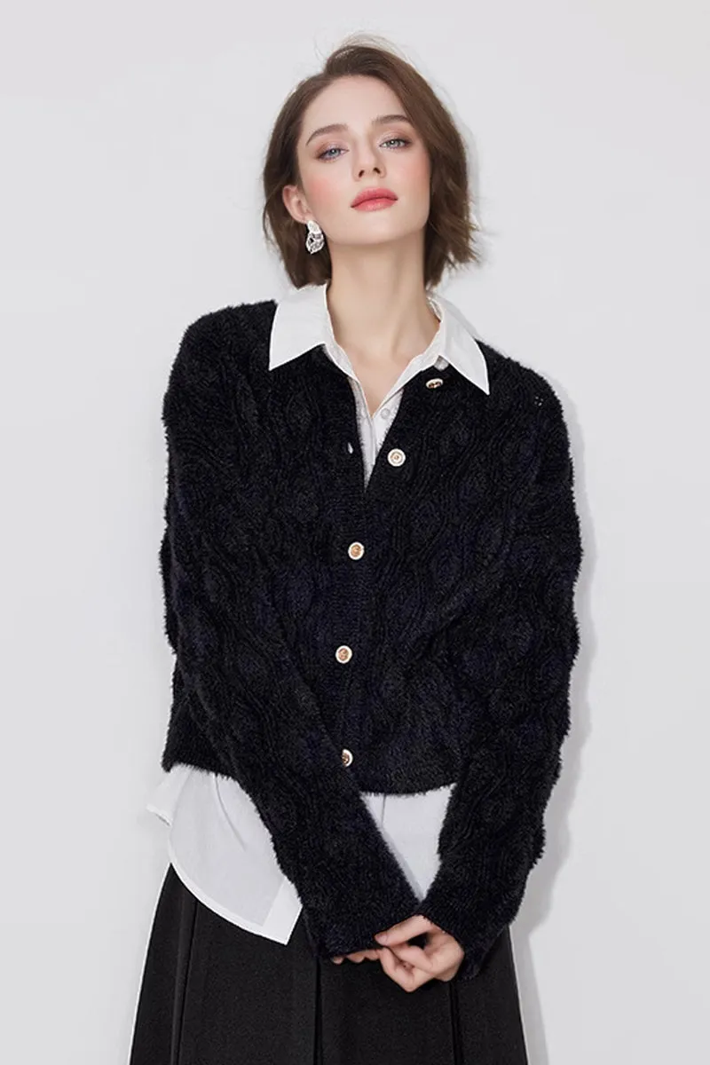 Faux Mink Fur Cropped Cable Knit Crewneck Cardigan