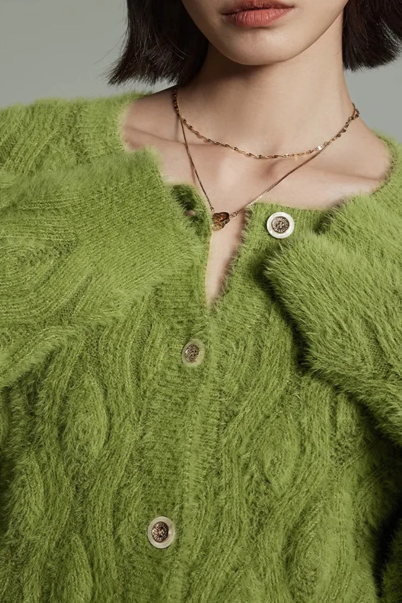 Faux Mink Fur Cropped Cable Knit Crewneck Cardigan