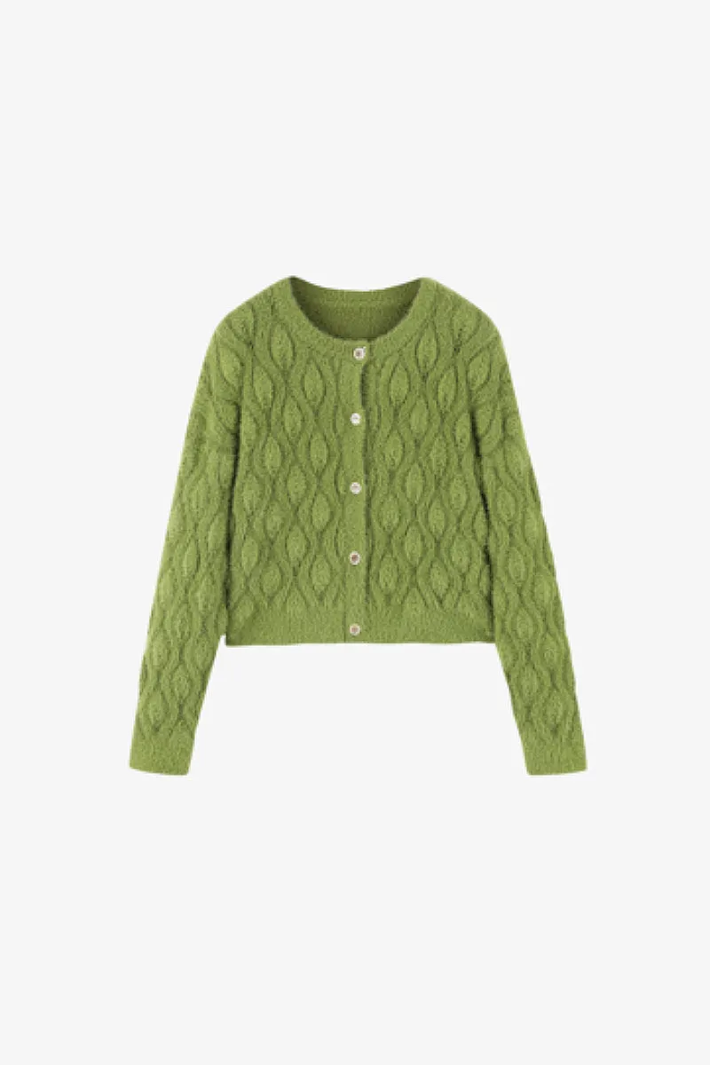 Faux Mink Fur Cropped Cable Knit Crewneck Cardigan