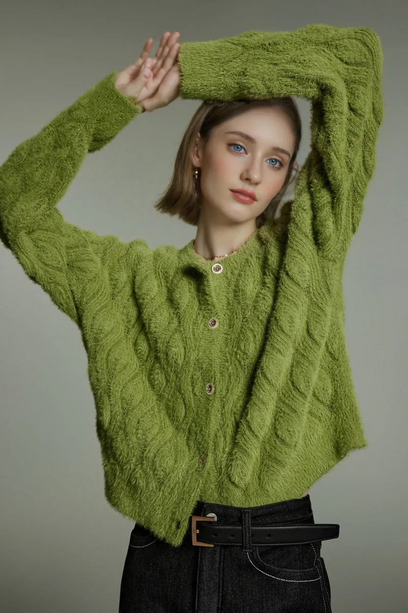 Faux Mink Fur Cropped Cable Knit Crewneck Cardigan