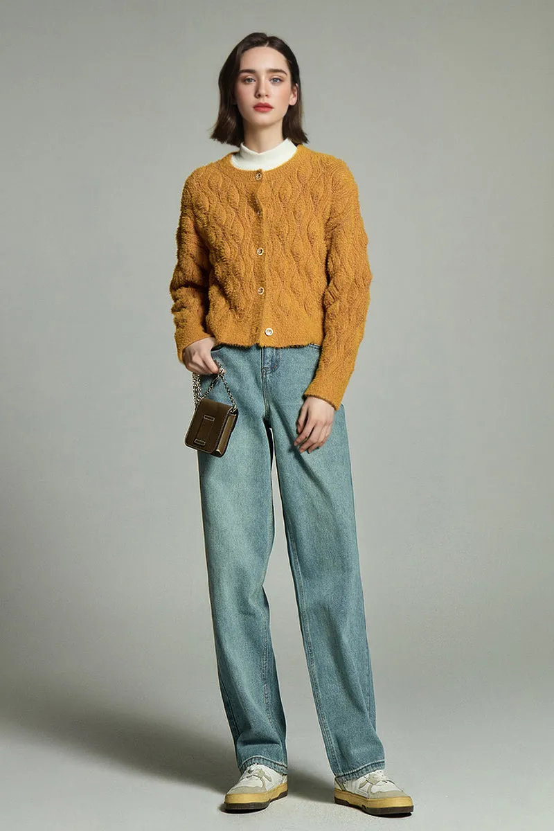 Faux Mink Fur Cropped Cable Knit Crewneck Cardigan