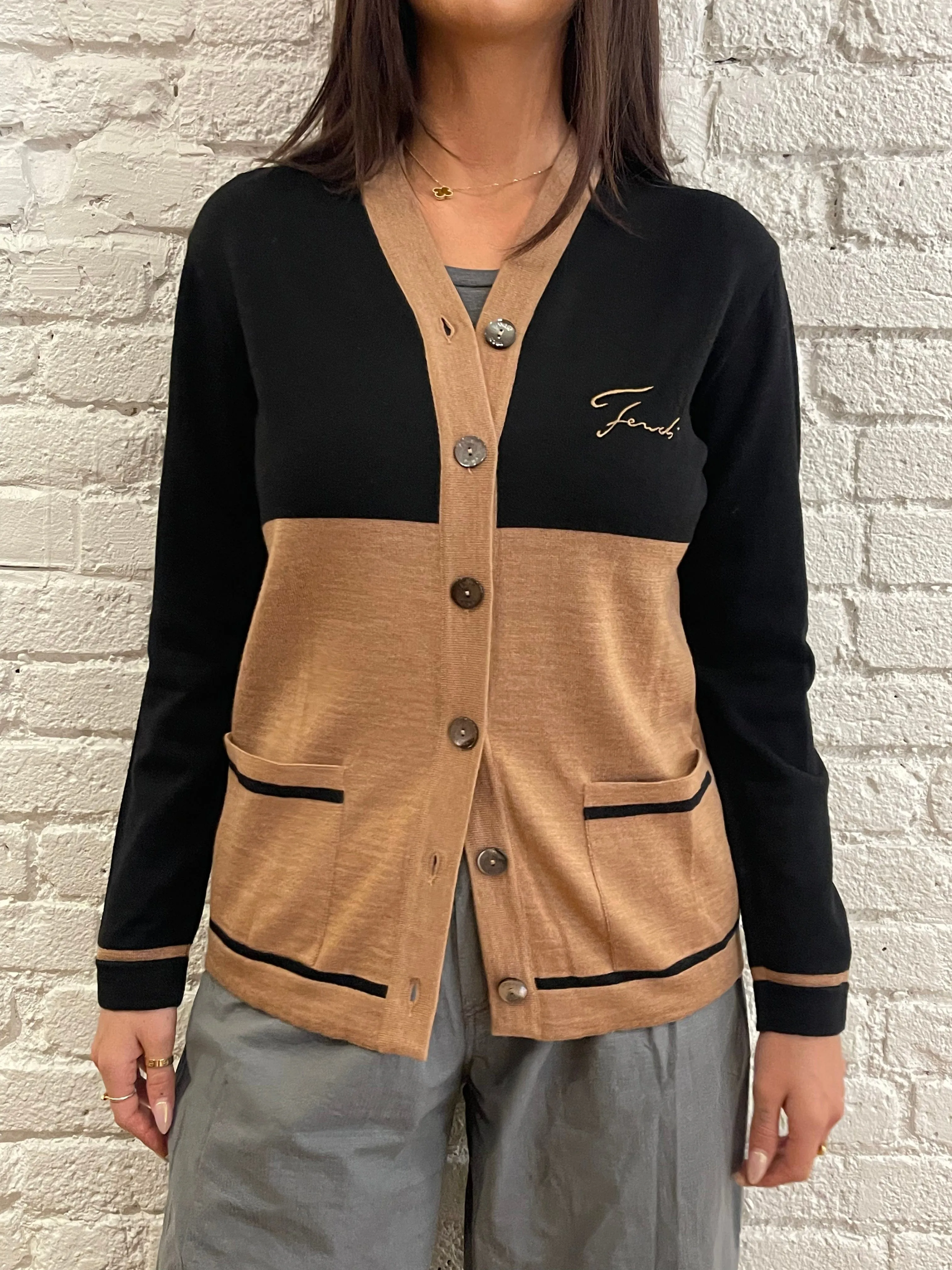 Fendi Bicolor Cardigan Black Beige ASL6205