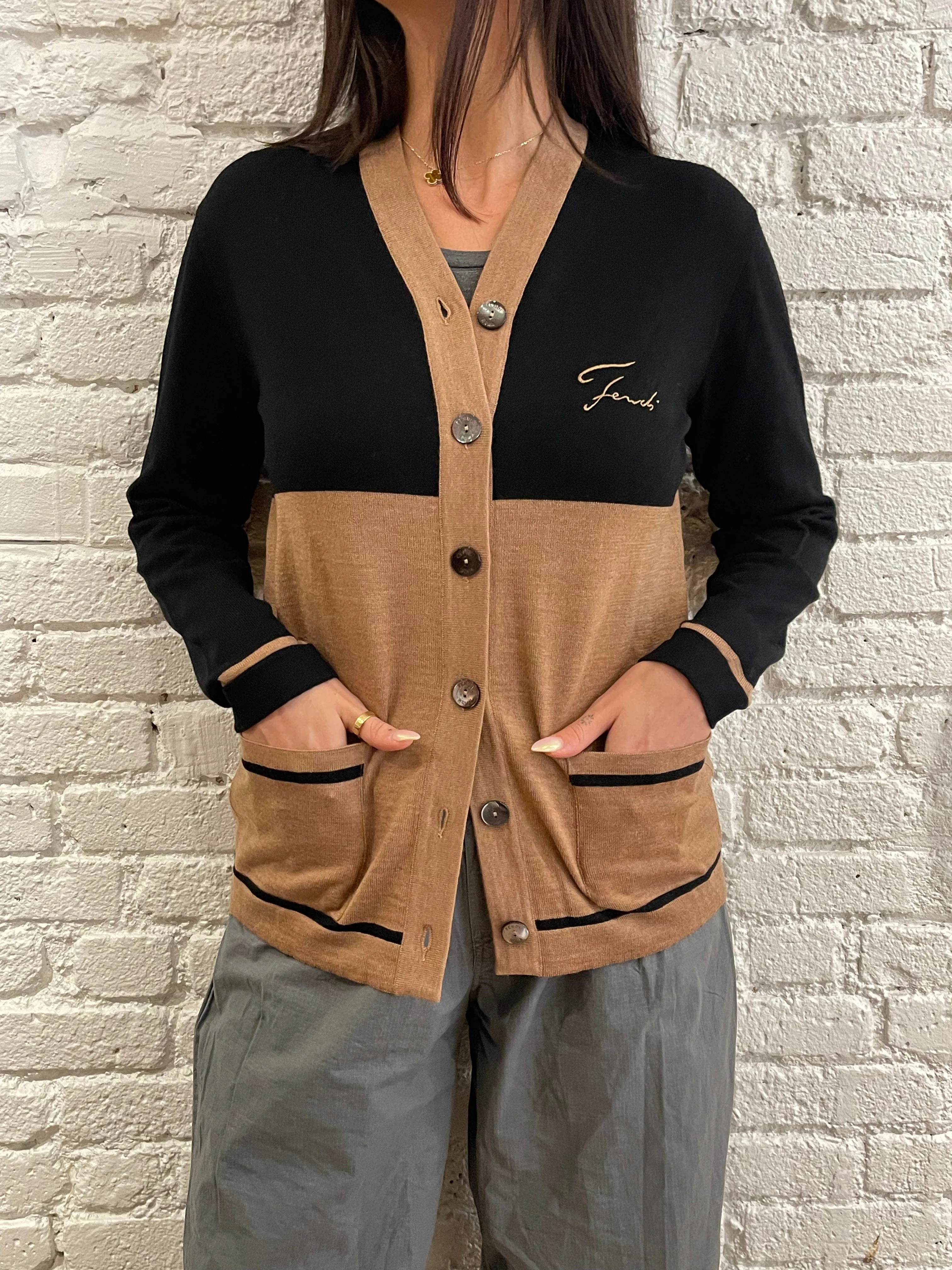 Fendi Bicolor Cardigan Black Beige ASL6205