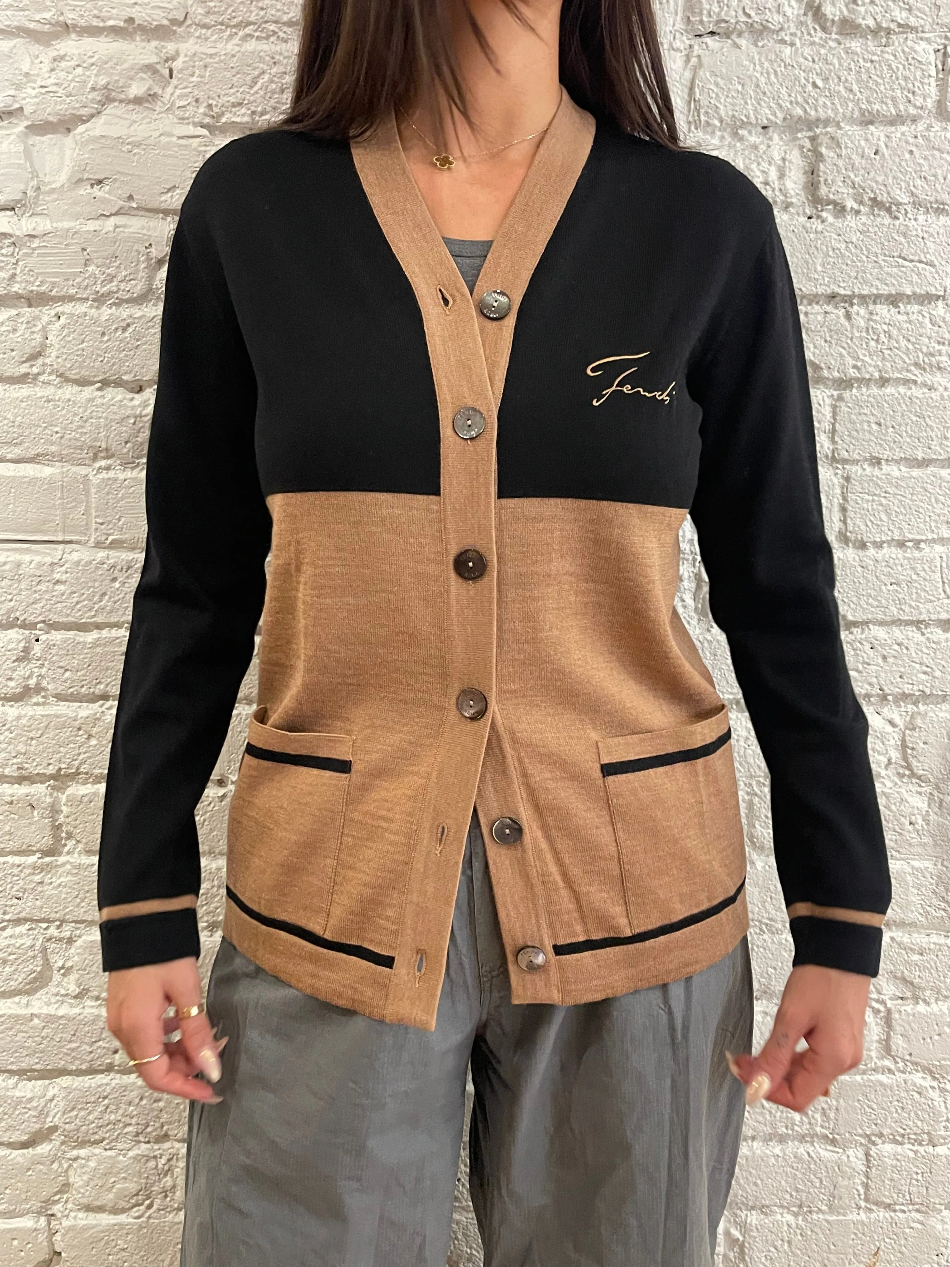 Fendi Bicolor Cardigan Black Beige ASL6205
