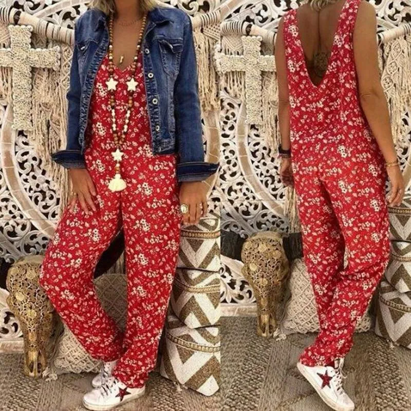 Flower Loose V neck Herem Pants Jumpsuit