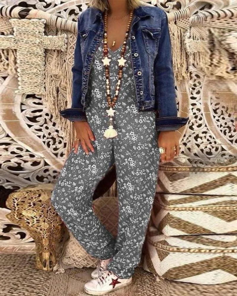 Flower Loose V neck Herem Pants Jumpsuit
