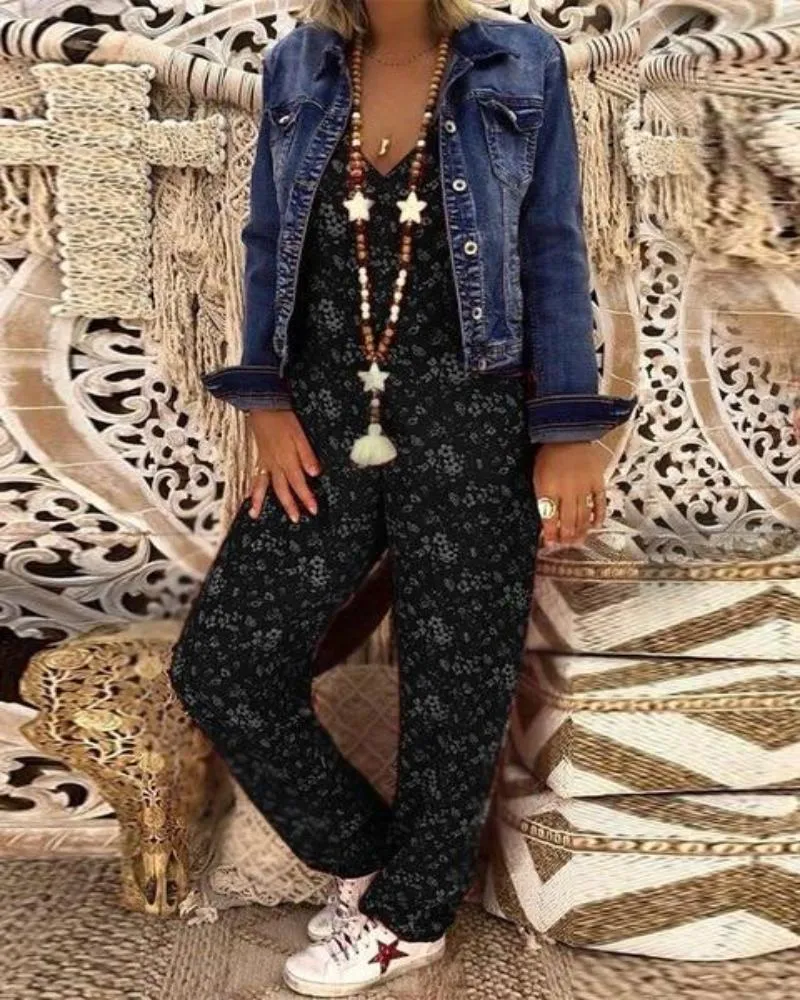 Flower Loose V neck Herem Pants Jumpsuit