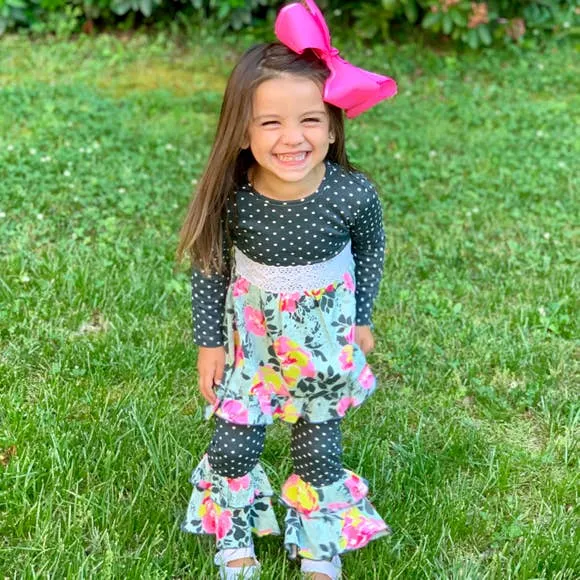 Girls Gray Blue Shabby Floral Dress & Ruffled Pants | 2/3T