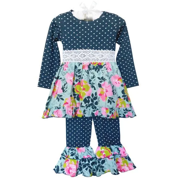 Girls Gray Blue Shabby Floral Dress & Ruffled Pants | 2/3T