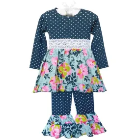 Girls Gray Blue Shabby Floral Dress & Ruffled Pants | 2/3T