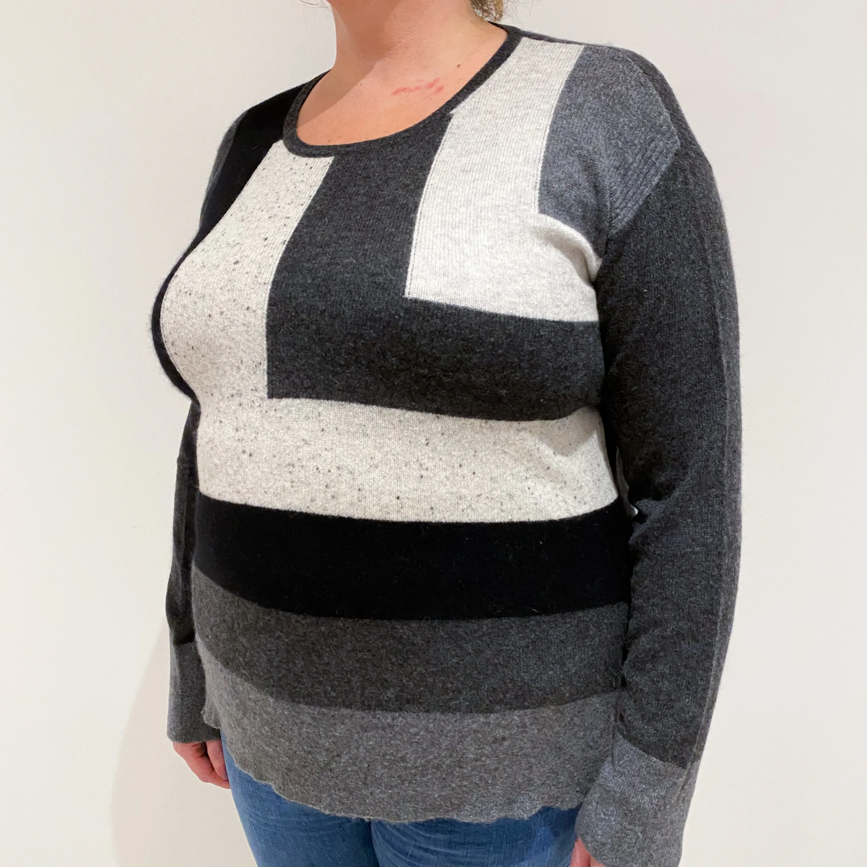 Grey Colour Block Cashmere Crew Neck Jumper Extra Large