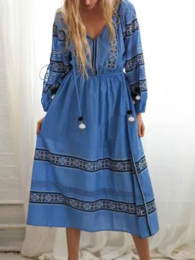 High quality hollow embroidery fringed waist ball strap full sleeve long Bohemia dress
