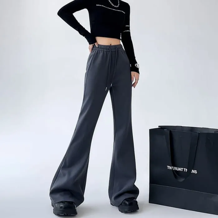 High Rise Plain Drawstring Flare Sweatpants