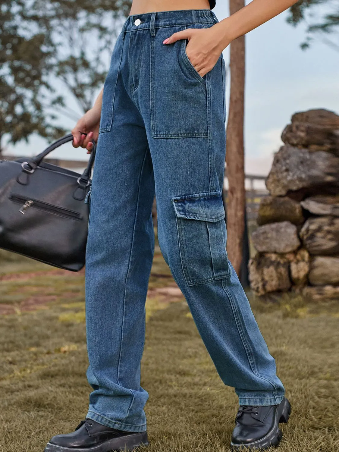 High Waist Cargo Jeans Pants