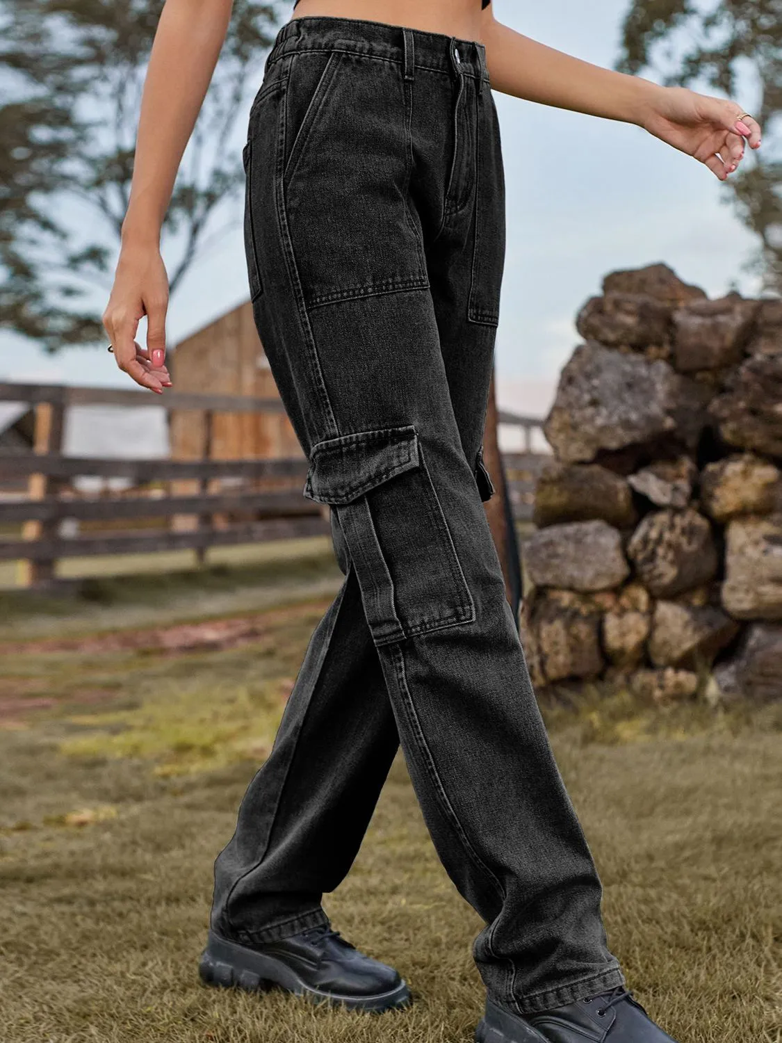 High Waist Cargo Jeans Pants
