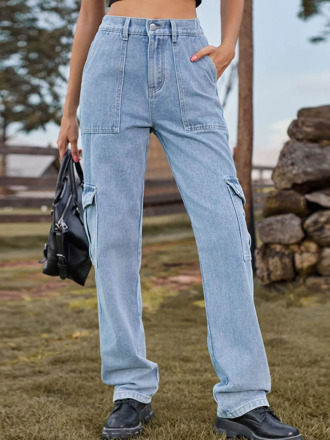 High Waist Cargo Jeans Pants