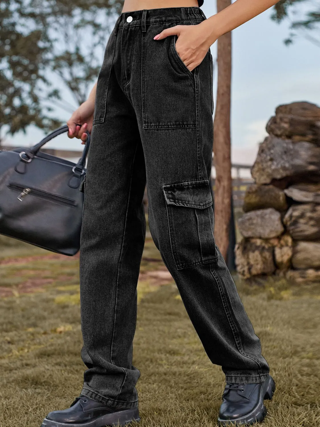 High Waist Cargo Jeans Pants