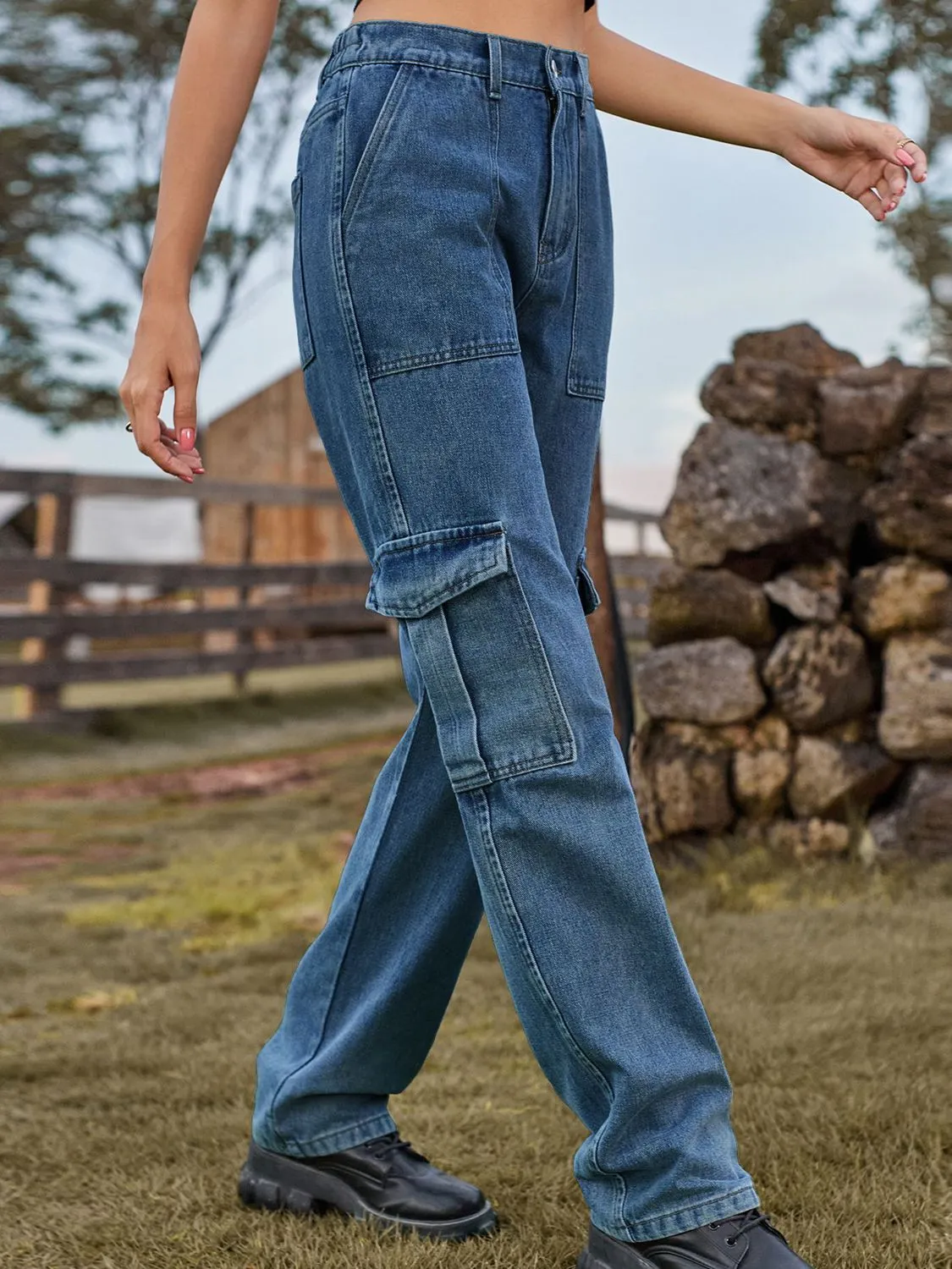 High Waist Cargo Jeans Pants