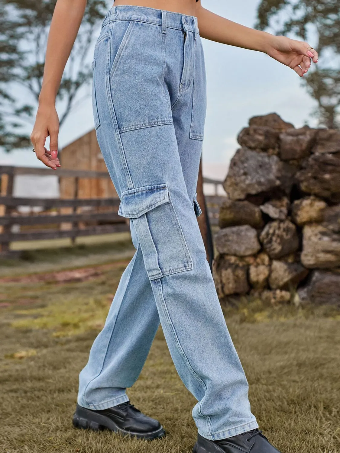 High Waist Cargo Jeans Pants